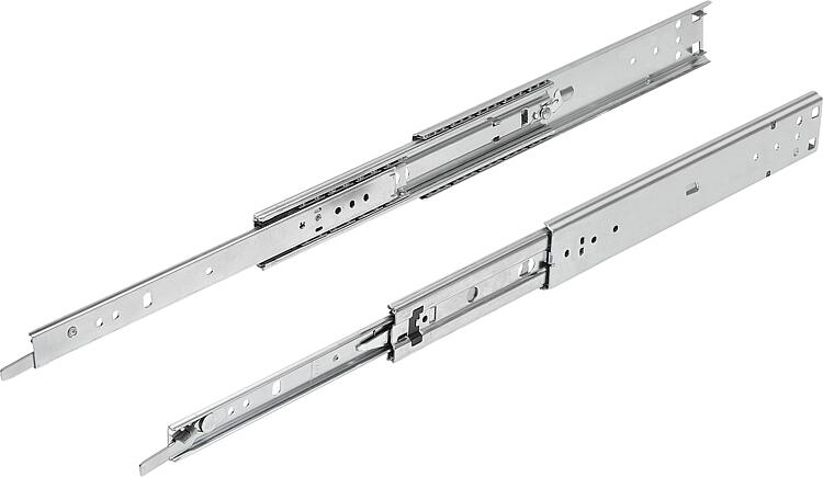 Telescopic slides, steel, side mounting, over-extension, load capacity up to 68 kg
